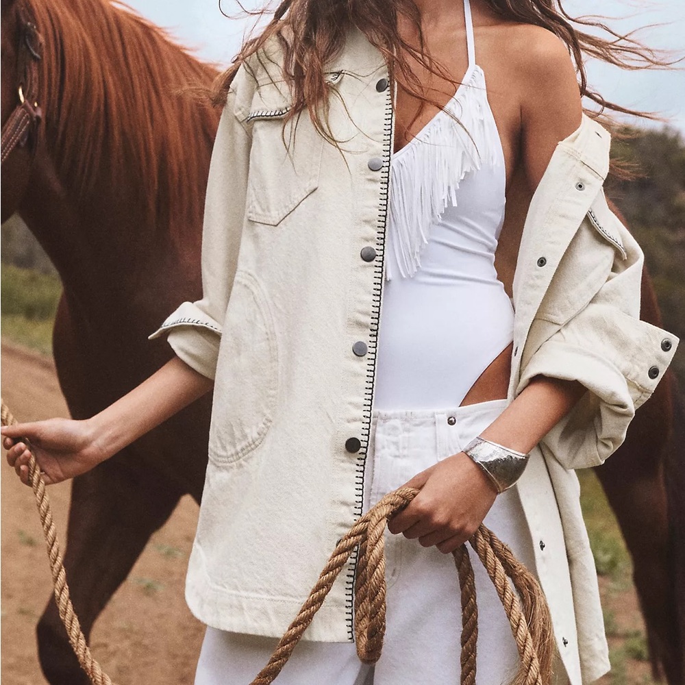 NWT Anthropologie PILCRO Oversized White Jean Jacket XL‎ Tillie Whipstitch $178